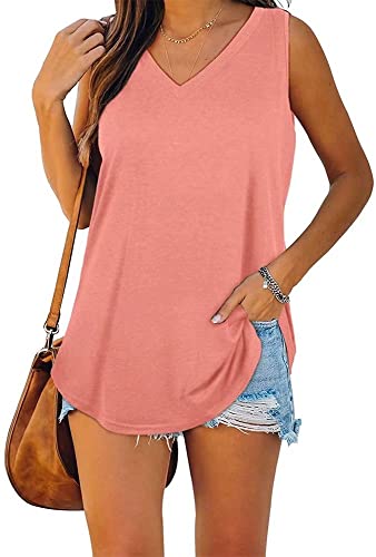 ASKSA Damen Bluse V-Ausschnitt Ärmellose Einfarbige T-Shirt Sommer Elegant Casual Loose Fit Tank Tops Shirt（Verpackung MEHRWEG） (Rosa,XXL) von ASKSA