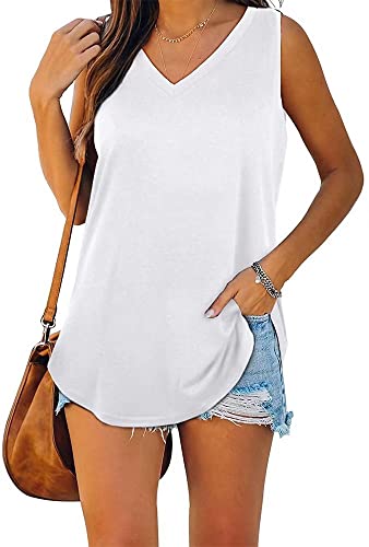 ASKSA Damen Bluse V-Ausschnitt Ärmellose Einfarbige T-Shirt Sommer Elegant Casual Loose Fit Tank Tops Shirt（Verpackung MEHRWEG） (Weiß,L) von ASKSA