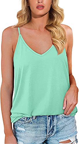 ASKSA Damen V-Ausschnitt Tank Top T-Shirt Sommer Locker Verstellbarer Spaghettiträger Basic Casual Shirt Tops Ärmellos Weste Cami Bluse Oberteile(Grün,M) von ASKSA