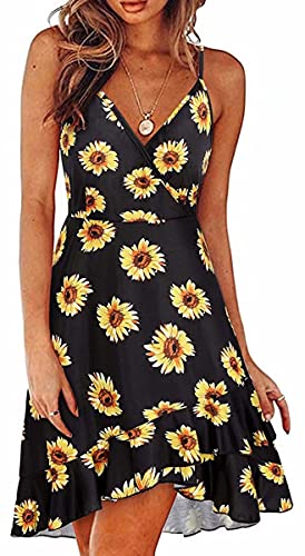 ASKSA Damen V-Ausschnitt ärmellose Rüschen hohe Taille Bedruckte Sling Kleid Mode Freizeitkleid Mittellanger Rock Sommer Elegant Blusenkleid Floral Strandkleider(Schwarze Sonnenblume,XL) von ASKSA