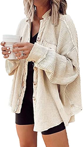 ASKSA Damen Waffelstrick Bluse Hemdjacke Fledermausärmel Button Down Übergangsjacke Lose Oversize Strickjacke Jacke Freizeithemd(Aprikose,XL) von ASKSA