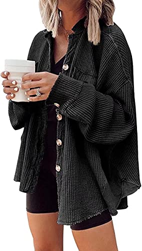ASKSA Damen Waffelstrick Bluse Hemdjacke Fledermausärmel Button Down Übergangsjacke Lose Oversize Strickjacke Jacke Freizeithemd(Schwarz,XL) von ASKSA