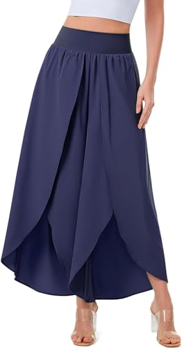 ASKSA Damen Weite Hosen Breite Bein Schlitz Rüschen Yogahose Lange Loose Sport Hosen Sommerhose (Dunkelblau,L) von ASKSA