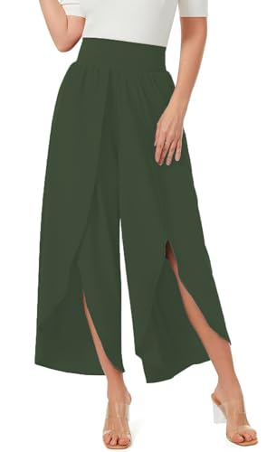 ASKSA Damen Weite Hosen Breite Bein Schlitz Rüschen Yogahose Lange Loose Sport Hosen Sommerhose (Dunkelgrün,3XL) von ASKSA