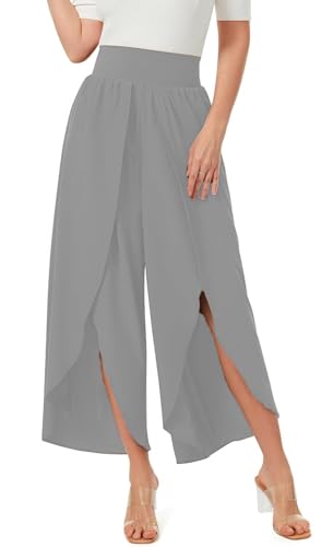 ASKSA Damen Weite Hosen Breite Bein Schlitz Rüschen Yogahose Lange Loose Sport Hosen Sommerhose (Grau,3XL) von ASKSA