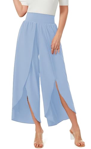 ASKSA Damen Weite Hosen Breite Bein Schlitz Rüschen Yogahose Lange Loose Sport Hosen Sommerhose (Hellblau,M) von ASKSA