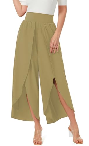 ASKSA Damen Weite Hosen Breite Bein Schlitz Rüschen Yogahose Lange Loose Sport Hosen Sommerhose (Khaki,L) von ASKSA