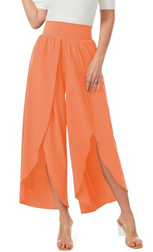 ASKSA Damen Weite Hosen Breite Bein Schlitz Rüschen Yogahose Lange Loose Sport Hosen Sommerhose (Orange,M) von ASKSA