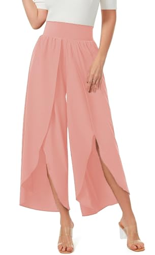 ASKSA Damen Weite Hosen Breite Bein Schlitz Rüschen Yogahose Lange Loose Sport Hosen Sommerhose (Rosa,S) von ASKSA