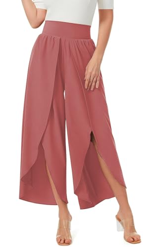 ASKSA Damen Weite Hosen Breite Bein Schlitz Rüschen Yogahose Lange Loose Sport Hosen Sommerhose (Rot,3XL) von ASKSA