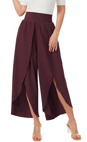 ASKSA Damen Weite Hosen Breite Bein Schlitz Rüschen Yogahose Lange Loose Sport Hosen Sommerhose (Rotwein,3XL) von ASKSA