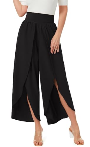 ASKSA Damen Weite Hosen Breite Bein Schlitz Rüschen Yogahose Lange Loose Sport Hosen Sommerhose (Schwarz,3XL) von ASKSA