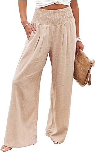 ASKSA Damen Weite Palazzo Hose Leinenhose High Waist Freizeithose Locker Lang Stoffhose Bequem Luftig Sommerhose (Khaki,L) von ASKSA