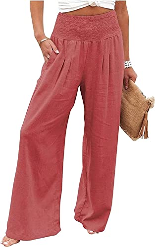 ASKSA Damen Weite Palazzo Hose Leinenhose High Waist Freizeithose Locker Lang Stoffhose Bequem Luftig Sommerhose (Orange Rot,M) von ASKSA