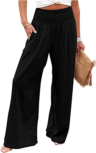 ASKSA Damen Weite Palazzo Hose Leinenhose High Waist Freizeithose Locker Lang Stoffhose Bequem Luftig Sommerhose (Schwarz,M) von ASKSA