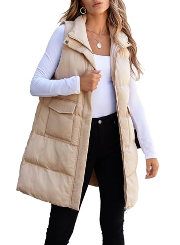 ASKSA Damen Weste Ärmellose Daunenweste Winter Lange Steppweste Warm Leichte Outdoor Loose Winterjacke Lässig Mantel (Aprikose,S) von ASKSA