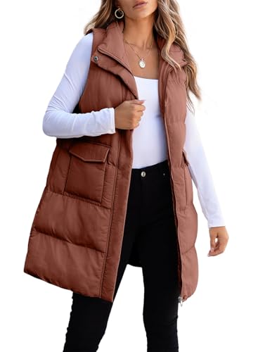 ASKSA Damen Weste Ärmellose Daunenweste Winter Lange Steppweste Warm Leichte Outdoor Loose Winterjacke Lässig Mantel (Braun,M) von ASKSA