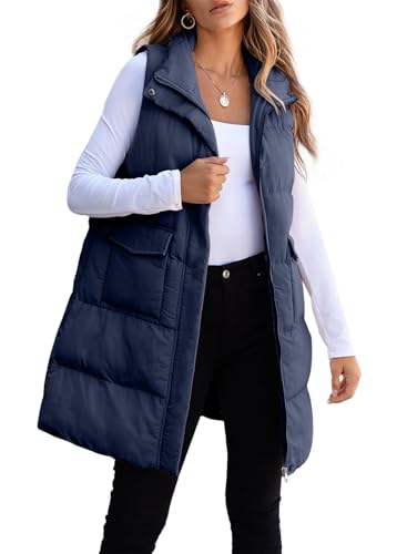 ASKSA Damen Weste Ärmellose Daunenweste Winter Lange Steppweste Warm Leichte Outdoor Loose Winterjacke Lässig Mantel (Dunkelblau,2XL) von ASKSA