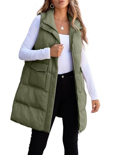 ASKSA Damen Weste Ärmellose Daunenweste Winter Lange Steppweste Warm Leichte Outdoor Loose Winterjacke Lässig Mantel (Grün,3XL) von ASKSA