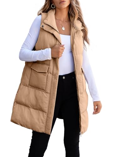 ASKSA Damen Weste Ärmellose Daunenweste Winter Lange Steppweste Warm Leichte Outdoor Loose Winterjacke Lässig Mantel (Khaki,L) von ASKSA