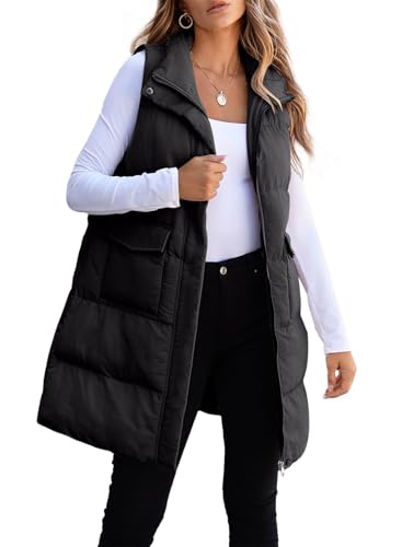 ASKSA Damen Weste Ärmellose Daunenweste Winter Lange Steppweste Warm Leichte Outdoor Loose Winterjacke Lässig Mantel (Schwarz,3XL) von ASKSA