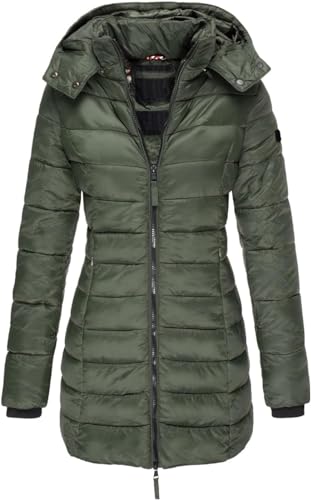 ASKSA Damen Winter Jacke Warme Stepp Mantel Lang Slim Fit Daunenjacke Übergangsjacke mit Kapuze Wintermantel (Armeegrün,M) von ASKSA