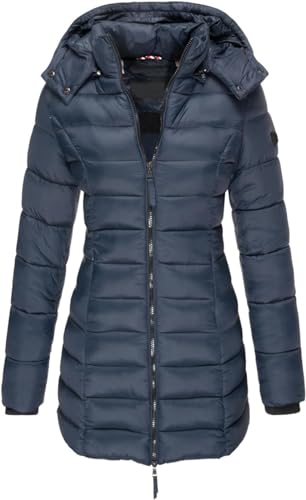 ASKSA Damen Winter Jacke Warme Stepp Mantel Lang Slim Fit Daunenjacke Übergangsjacke mit Kapuze Wintermantel (Dunkelblau,M) von ASKSA