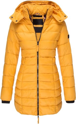 ASKSA Damen Winter Jacke Warme Stepp Mantel Lang Slim Fit Daunenjacke Übergangsjacke mit Kapuze Wintermantel (Gelb,L) von ASKSA