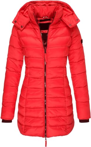 ASKSA Damen Winter Jacke Warme Stepp Mantel Lang Slim Fit Daunenjacke Übergangsjacke mit Kapuze Wintermantel (Rot,XL) von ASKSA
