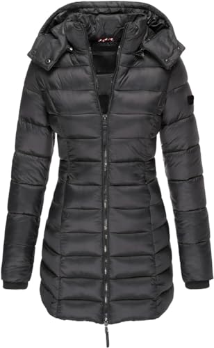 ASKSA Damen Winter Jacke Warme Stepp Mantel Lang Slim Fit Daunenjacke Übergangsjacke mit Kapuze Wintermantel (Schwarz,L) von ASKSA