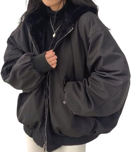 ASKSA Damen Winterjacke Baggy Doppelseitige Parka mit Kapuze Warm Fleece Winter Mantel Jacke Outdoorjacke (Schwarz,M) von ASKSA