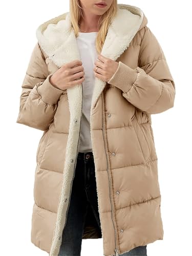 ASKSA Damen Wintermantel Lang Warm Daunenjacke Winterjacke Lässig Fleecejacke Outdoor Casual Kapuzenmantel (Khaki,M) von ASKSA