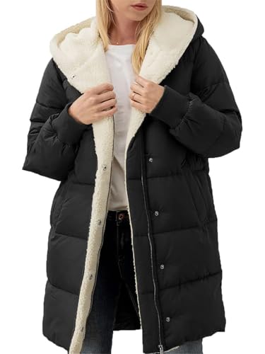 ASKSA Damen Wintermantel Lang Warm Daunenjacke Winterjacke Lässig Fleecejacke Outdoor Casual Kapuzenmantel (Schwarz,S) von ASKSA