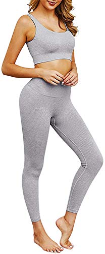 ASKSA Damen Yoga BH & Leggings Hosen Trainingsanzüge 2 Stücke Sportkleidung Tights Freizeitanzug Stretch Sport Outfit Fitness Jogginghose Bra Gym Set(Hellgrau,M) von ASKSA