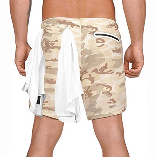 ASKSA Herren 2 in 1 Shorts Laufshorts Dual Kurze Sporthose Männer Fitness Laufhose Sport Hosen Trainingshose (C-Camouflage Beige,L) von ASKSA