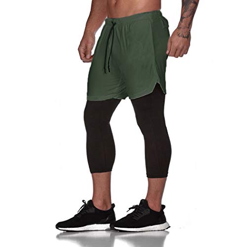 ASKSA Herren 2 in 1 Trainingshose Dual Lange Sporthose Männer Fitness Laufhose Sport Hosen(Grün,L) von ASKSA