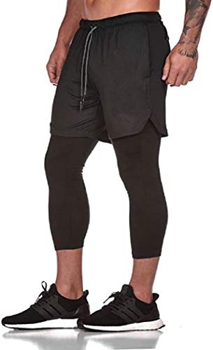 ASKSA Herren 2 in 1 Trainingshose Dual Lange Sporthose Männer Fitness Laufhose Sport Hosen(Schwarz,3XL) von ASKSA