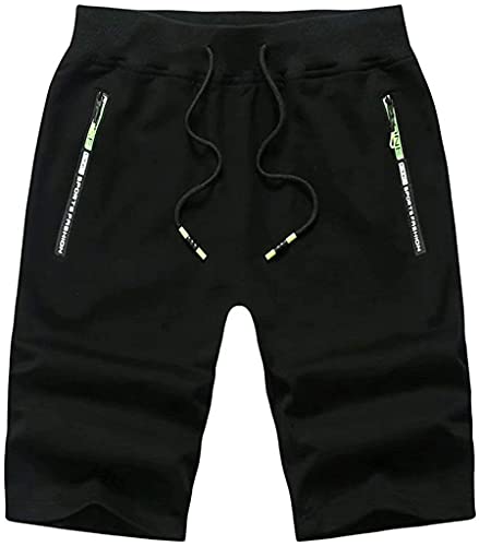 ASKSA Herren Sport Baumwolle Joggen Training Laufen Shorts Fitness Kurze Dünn Hose Reißverschlusstasch Jogging Hosen(Schwarz,4XL) von ASKSA