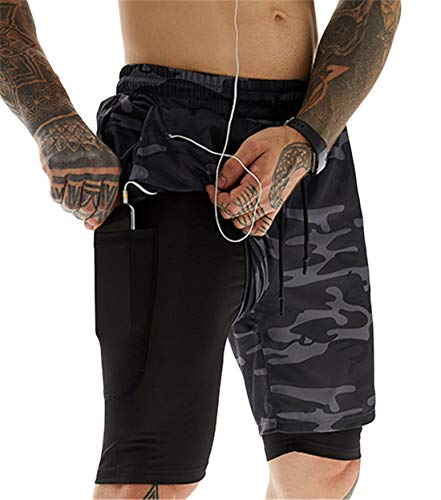 ASKSA Herren Sport Shorts 2 in 1 Running oder Gym Schnell Trocknend Atmungsaktiv Training Shorts Jogger Hose mit Eingebauter Tasche (XL,Camouflage schwarz) von ASKSA