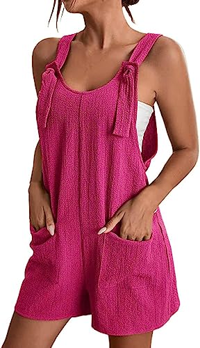 ASKSA Jumpsuit Damen Sommer Ärmellos Kurz Latzhose V-Ausschnitt Elegant Lose Verstellbarer Schultergurt Playsuit Baggy Sommerhose mit Taschen Arbeitshose Shorts Freizeithose Sommershort (Lila,L) von ASKSA