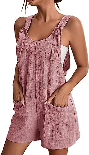 ASKSA Jumpsuit Damen Sommer Ärmellos Kurz Latzhose V-Ausschnitt Elegant Lose Verstellbarer Schultergurt Playsuit Baggy Sommerhose mit Taschen Arbeitshose Shorts Freizeithose Sommershort (Rosa,L) von ASKSA