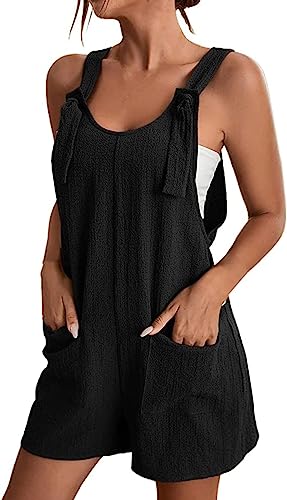 ASKSA Jumpsuit Damen Sommer Ärmellos Kurz Latzhose V-Ausschnitt Elegant Lose Verstellbarer Schultergurt Playsuit Baggy Sommerhose mit Taschen Arbeitshose Shorts Freizeithose Sommershort (Schwarz,L) von ASKSA