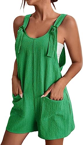 ASKSA Jumpsuit Damen Sommer Ärmellos Kurz Latzhose V-Ausschnitt Elegant Lose Verstellbarer Schultergurt Playsuit Baggy Sommerhose mit Taschen Arbeitshose Shorts Freizeithose Sommershort (Hellgrün,L) von ASKSA