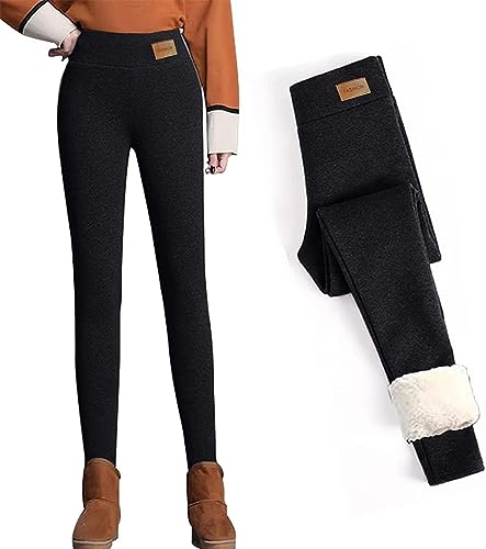 ASKSA Leggings Damen Hoher Taille Plus Samt Verdicken Mit Fleece Gefüttert Slim Lange Elastische Yogahosen Herbst Winter Warm Blickdichte Thermoleggings (A Schwarz,L) von ASKSA