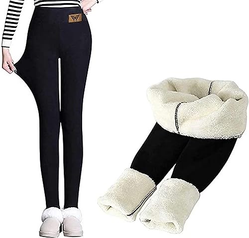 ASKSA Leggings Damen Hoher Taille Plus Samt Verdicken Mit Fleece Gefüttert Slim Lange Elastische Yogahosen Herbst Winter Warm Blickdichte Thermoleggings (B Schwarz,S) von ASKSA