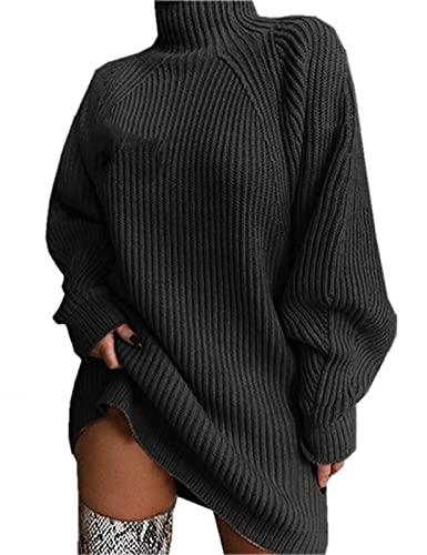 ASKSA Pulloverkleid Damen Rollkragen Lose Strickkleid Knit Minikleid Mit Laternenärmel (Dunkelgrau, L) von ASKSA
