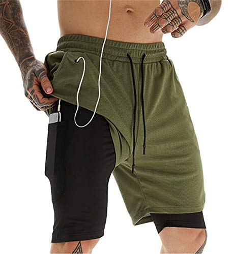 ASKSA Shorts Herren 2 in 1 Trainingsshorts Kurze Hosen Schnelltrocknende Laufshorts Fitness Sporthose mit Taschen Kompressionsshorts (Armeegrün,L) von ASKSA