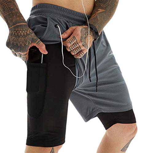 ASKSA Shorts Herren 2 in 1 Trainingsshorts Kurze Hosen Schnelltrocknende Laufshorts Fitness Sporthose mit Taschen Kompressionsshorts (Dunkelgrau,L) von ASKSA