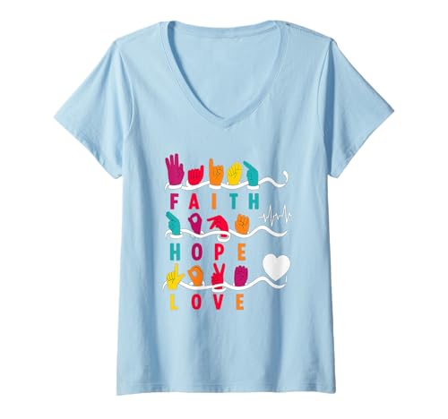 Damen Faith Hope Love ASL American Sign Language T-Shirt mit V-Ausschnitt von ASL Sign Language