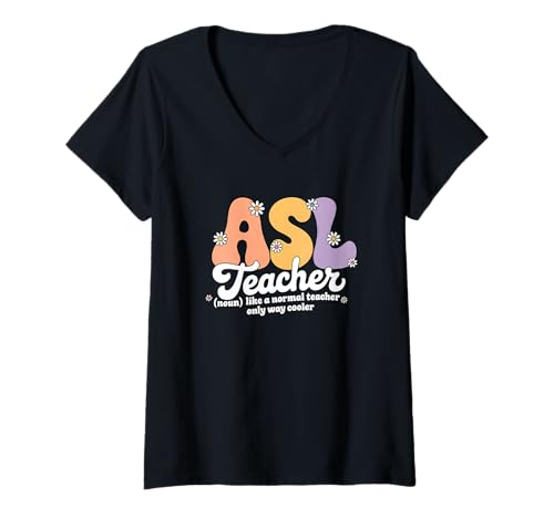 Damen Retro Groovy ASL Teacher Amerikanischer Gebärdensprachdolmetscher T-Shirt mit V-Ausschnitt Damen Retro Groovy ASL Teacher Amerikanischer Gebärdensprachdolmetscher T-Shirt mit V-Ausschnitt von ASL Teacher Apparel for Women & Men